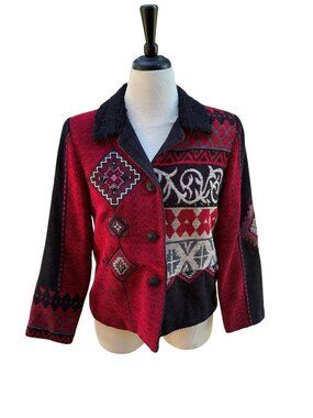 Tribal Red & Black Southwestern Jacket Size Medium Collared Petite